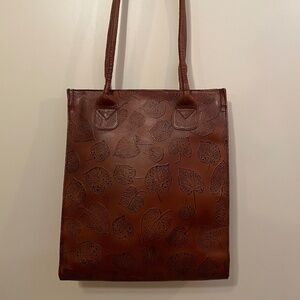 Leaf Embossed Brown Leather Tote